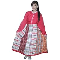 Indian 100% Cotton Check Print Red Color Dress Women Fashion Long Plus Size