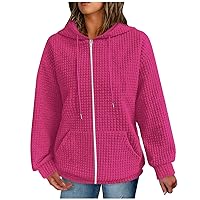 Waffle Jacket Women Zip Up Round Neck Long Sleeves Hoodie Hooded Full Zip Sweatshirt 2023 Trendy