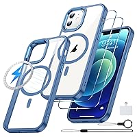 Temdan Magnetic Case for iPhone 12 Case & iPhone 12 Pro Case Clear,[Compatible with Magsafe 12 FT Shockproof ][2 Pcs Glass Screen Protector] [Not Yellowing] Slim Thin Phone Case Cover -Blue