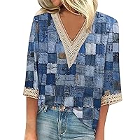 Women's Shirt Blouse Casual Loose Shirts 3/4 Sleeve Lace Trims Print V Neck Tops Print Tops T-Shirts Tee