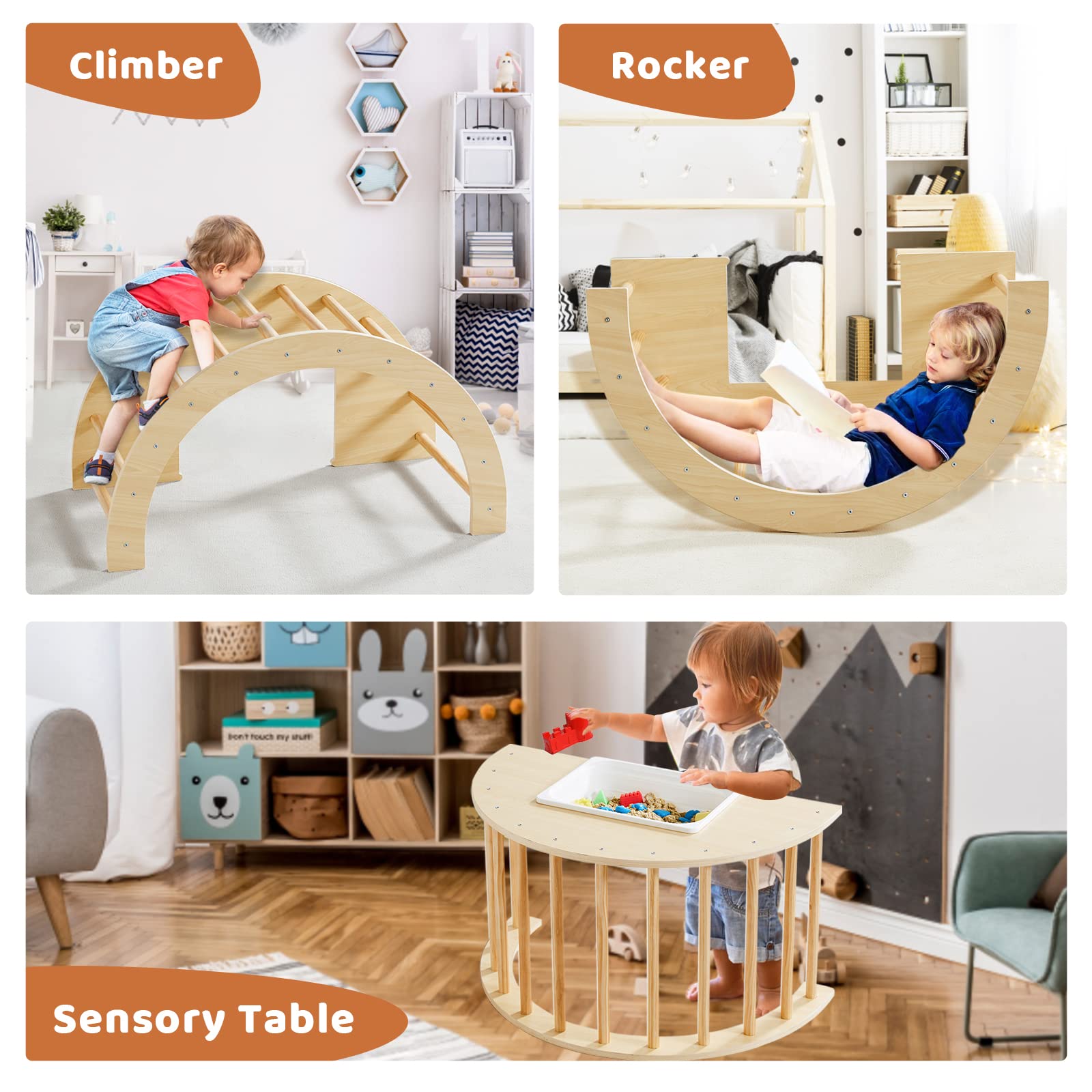 Beright 5 in1 Climbing Arch Sensory Table for Kids, Montessori Climbing Gym, Rocker Board Wooden Toy with Collapsible Storage Bin, Learning Playset
