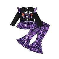 YiZYiF Toddler Baby Girl Halloween Outfits Ghost Long Sleeve Sweatshirt Tops Plaid Flared Pants Halloween Clothes Set