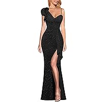 VFSHOW Womens Ruched Ruffle One Shoulder Strap Prom Formal Wedding Maxi Dress Sexy V Neck Split Cocktail Evening Long Gown