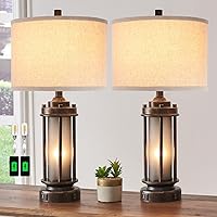Set of 2 Farmhouse Lamps for Living Room, Rustic Vintage Bedroom Nightstand Table Lamp with 2 USB Charging Ports, Built-In Frosted Glass Night Light for End Table Entryway, 4 Bulbs Included (Bronze)