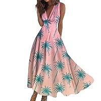 Womens Summer Maxi Dress 2024 Sleeveless Deep V Neck Sexy Maxi Dress Beach 2024 Trendy Floral Print Flowy Beach Dress