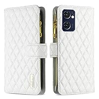 XYX Wallet Case Compatible with Oppo Reno7 5G, Luxury Durable PU Leather Zipper Flip with Wrist Strap Magnetic Closure Kickstand Protective Case, White