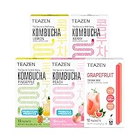 TEAZEN 5 Flavors 50 Sticks Variety Pack, Kombucha Lemon, Peach, Berry, Pineapple Flavor (40 Sticks) & Grapefruit Powdered Drink Mix (10 Sticks)