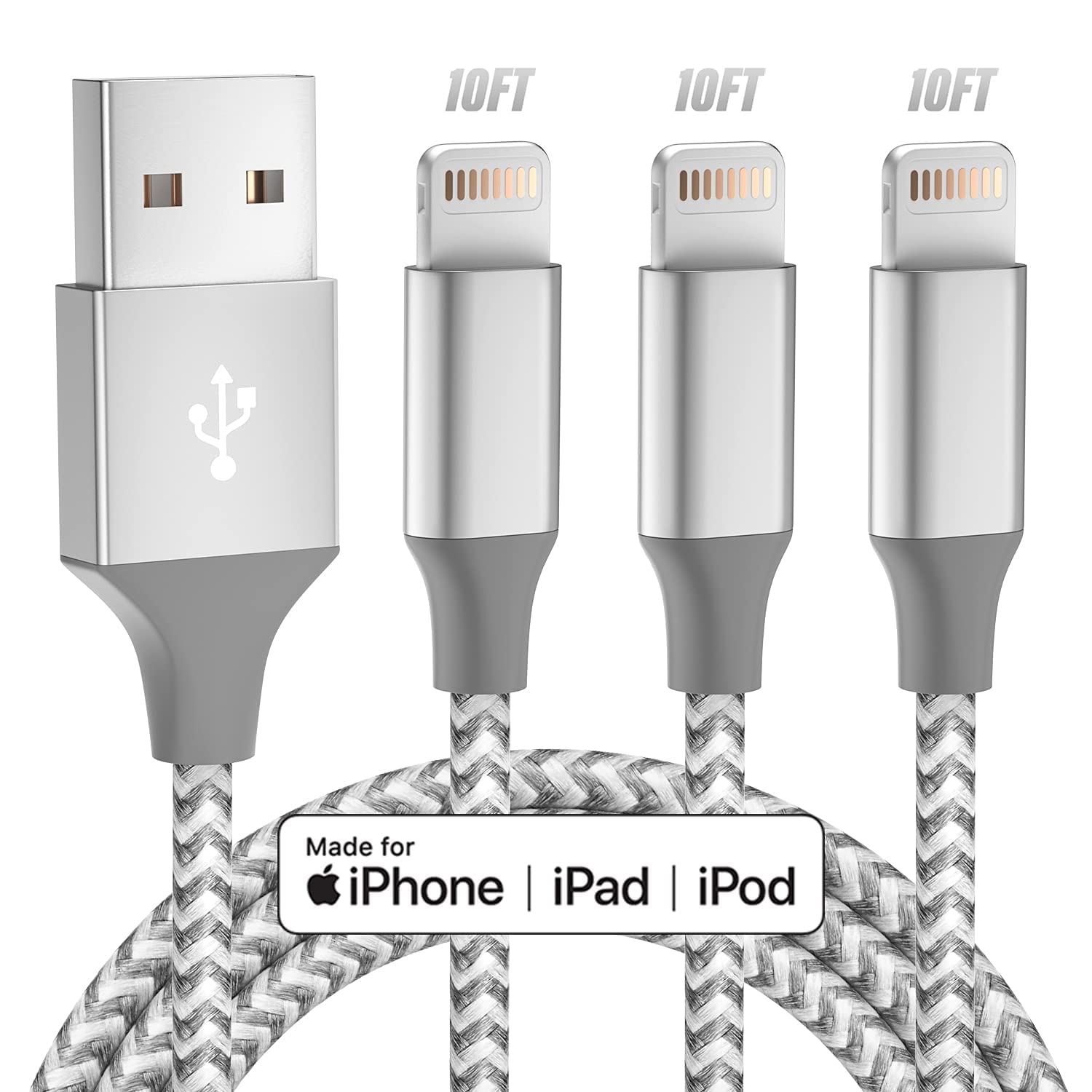 Bkayp iPhone Charger 3pack 10FT Apple MFi Certified Long Lightning Cable Fast Charging High Speed Data Sync USB Cable Compatible iPhone 14 13/12/11 Pro Max/XS MAX/XR/XS/X/8/7/Plus/6S (Grey White)