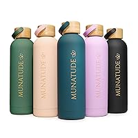 Insulated Water Bottle - Insulated Water Bottle 24oz With Handle Leak Proof Water Bottles With Bamboo Lid, Stainless Steel Gym & Sport Insulated Thermos For Men & Women (BLACK)