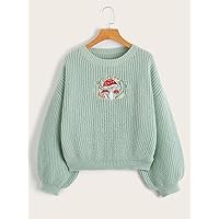 Mushroom Embroidery Drop Shoulder Sweater (Color : Mint Green, Size : Large)
