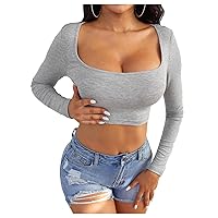 SOLY HUX Women's Square Neck Long Sleeve Tee Crop Tops Solid Slim Fit T Shirts