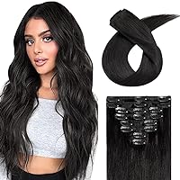 Hairro 100% Real Human Hair Clip in Hair Extensions 16 Inch Long #1 Jet Black 65g Thin 8 Pcs 18 Clips Straight Clip on Human Hairpieces for Women Beauty