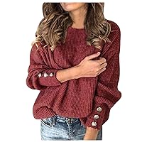Womens 2023 Fall Sweaters Turtleneck Long Sleeve Ribbed Knit Pullover Sweater Jumper Solid Lightweight with Buttons