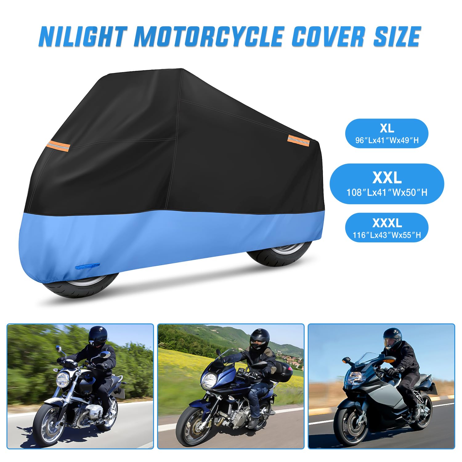 Nilight Motorcycle Cover All Season Universal Oxford Fabric with Lock-Hole Waterproof Durable UV with Storage Bag & Protective Reflective Strip Fits up to 108
