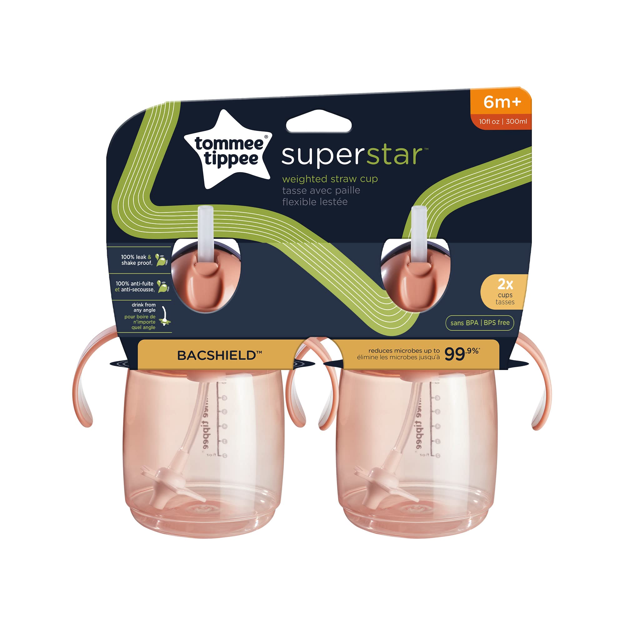 Tommee Tippee Superstar Weighted Straw Cup for Toddlers, 6 months+, 10oz, Shake and Spill-Proof, Antimicrobial Straw, Pack of 2, Pink