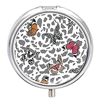 Round Pill Box Butterflies and Animal Skin Texture Portable Pill Case Medicine Organizer Vitamin Holder Container with 3 Compartments