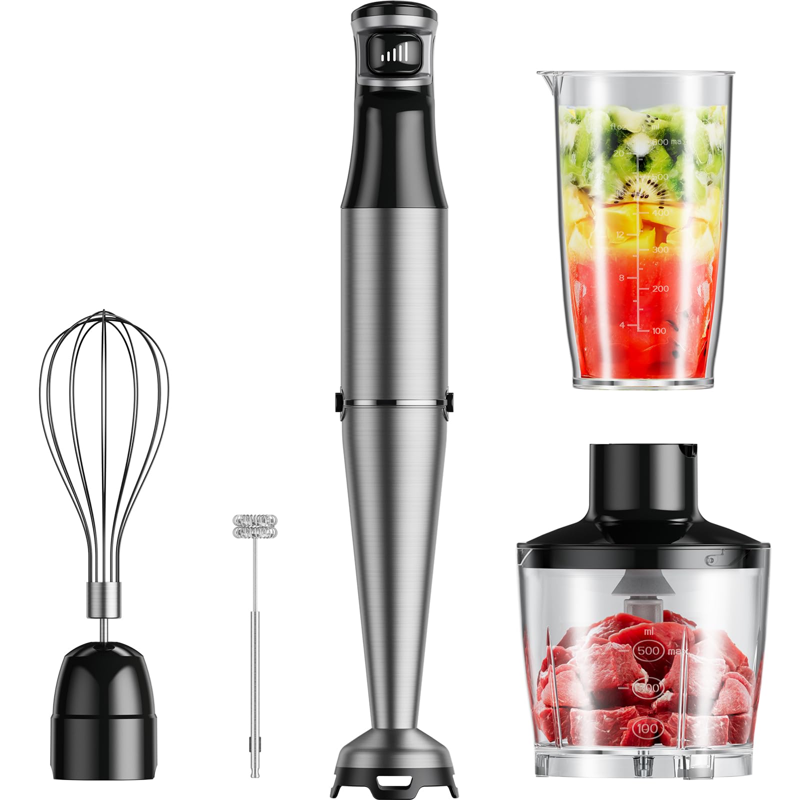 Immersion Hand Blender 5 in 1: 1100W Electric Blender Handheld Stick Mixer with Trigger Control Grip, Emulsion Blenders for Kitchen Soup, Mayo, Smoothie and Baby Food with Chopper, Whisk and Frother