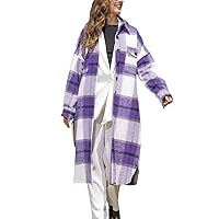 PEHMEA Women's Long Plaid Shirt Jacket Casual Lapel Button Down Flannel Shacket Coat(Purple-M)