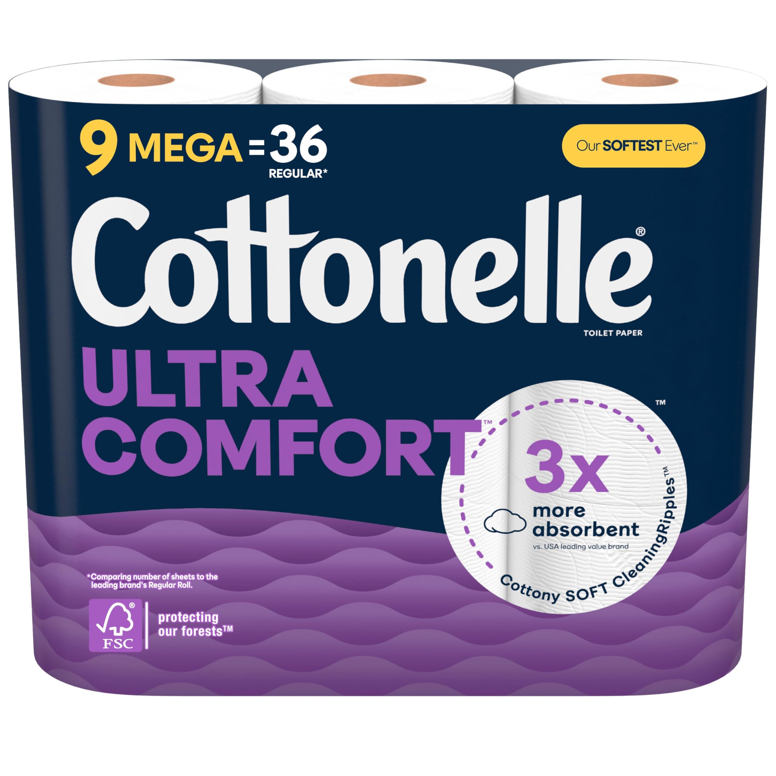 Cottonelle Ultra Comfort Toilet Paper, 9 Mega Rolls (9 Mega Rolls = 36 Regular Rolls), 244 Sheets per Roll, Packaging May Vary