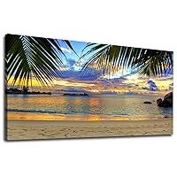 yearainn Large Canvas Wall Art Tropic Beach Sunset with Palm Tree Leaves Painting Long Canvas Artwork Seascape Ocean Contemporary Nature Picture for Home Office Wall Decor 24