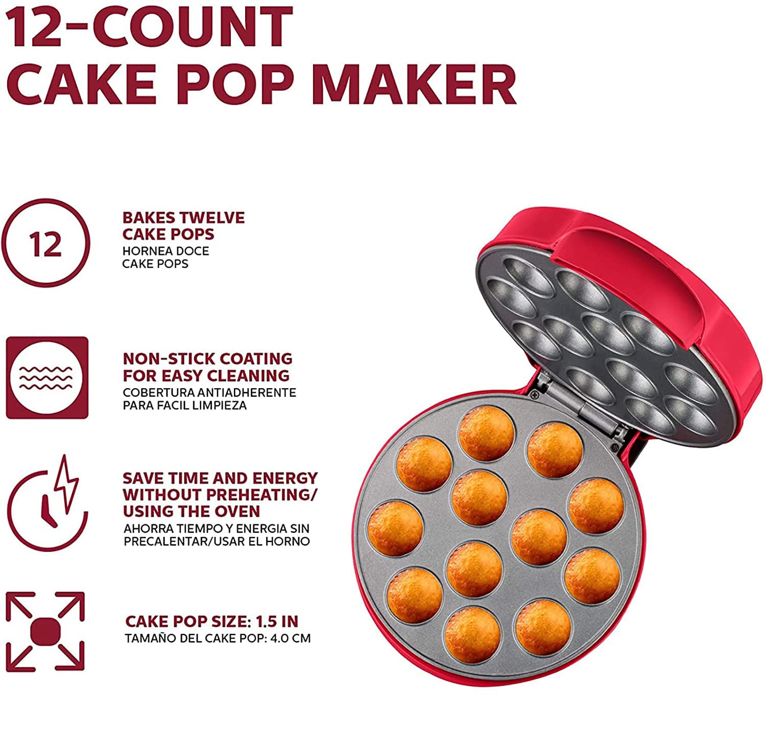 Holstein Housewares Cake Pop Maker, Red - Makes 12 Cake Pops, Non-Stick Coating, Perfect for Birthday and Holiday Parties