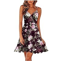 Floral Maxi Dress, Summer 2024 Spring V Neck Spaghetti Casual Beach Outfits Clothes Flowy Wrap Dress Midi Wedding Guest Dresses for Women Winter Curvy Dresses Casual Dress (M, Purple)