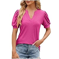 Womens Dots Textured Tops Summer Eyelet Puff Short Sleeve V Neck T Shirts Casual Loose Fit Dressy Solid Color Blouse