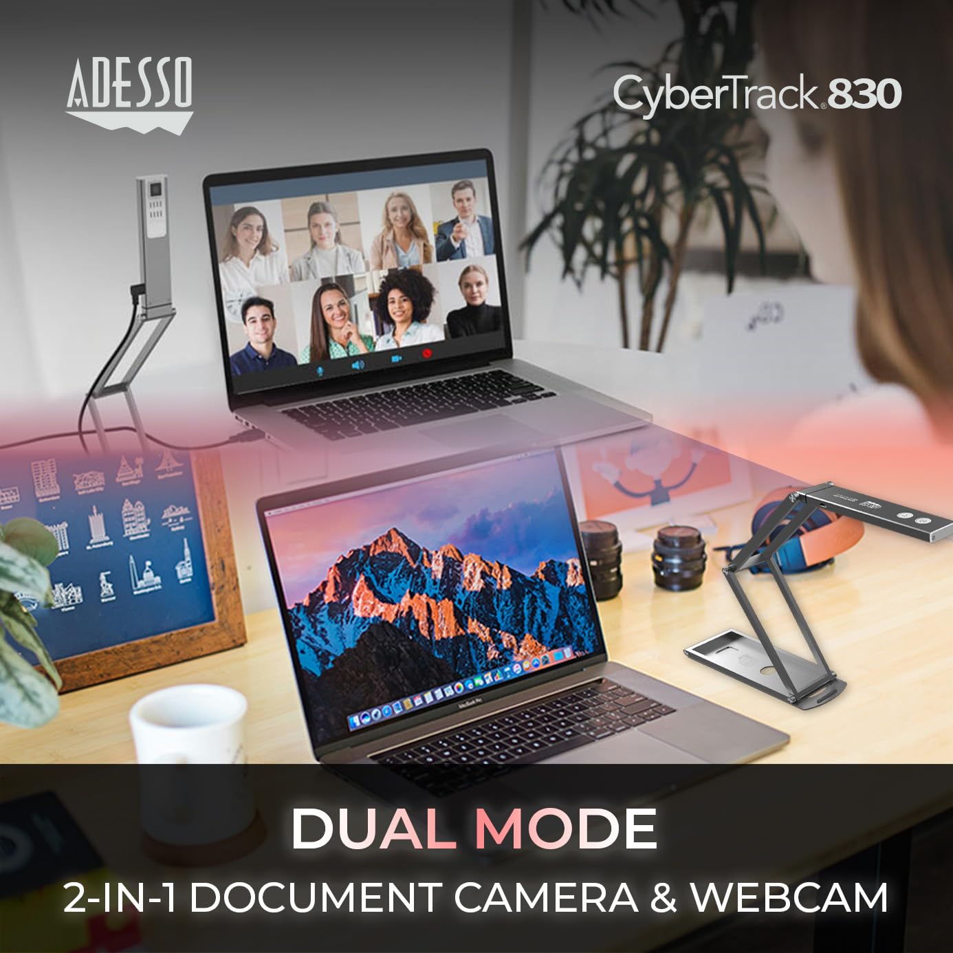 Adesso 4K Ultra HD 8MP USB Document Camera & Webcam with Built-in Microphone, LED Light, Autofocus, Multi-Jointed Design, Folding for Live Demo, Web Conferencing, Distance Learning, Remote Teaching