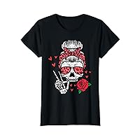 Valentines Skeleton Leopard Messy Bun Peace Funny Women T-Shirt