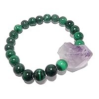 Amethyst Bracelet Boutique Rough Purple Point Green Malachite Gemstone Handmade Stretch Unique Raw Crystal B02
