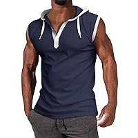 WENKOMG1 Mens Henley Tank Tops Solid Sleeveless Workout Hoodie Shirt Summer V Neck Button Down Active Hooded Gym Tees