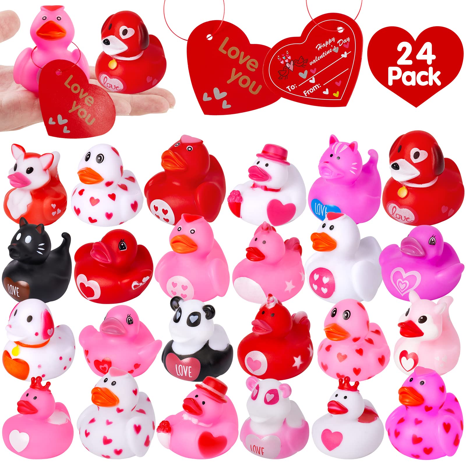 24 Pcs Valentines Gifts Rubber Ducks, Kids Valentine's Day Toys Gift Bulk Rubber Ducks, Party Favors Rubber Duck Jeep Gift Bath Toys Goodie Bags Stuffers, Classroom Exchange Game Prizes School Rewards