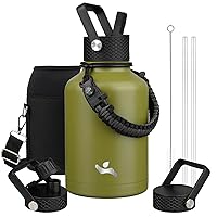 Insulated Water Bottle with Straw,50oz 3 Lids Water Jug with Carrying Bag,Paracord Handle,Double Wall Vacuum Stainless Steel Metal Flask,Forest Green