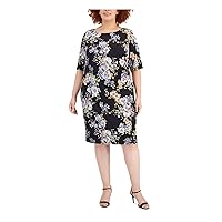 Connected Apparel Womens Purple Lined Pullover Floral Short Sleeve Round Neck Knee Length Wear to Work Sheath Dress Plus 14W
