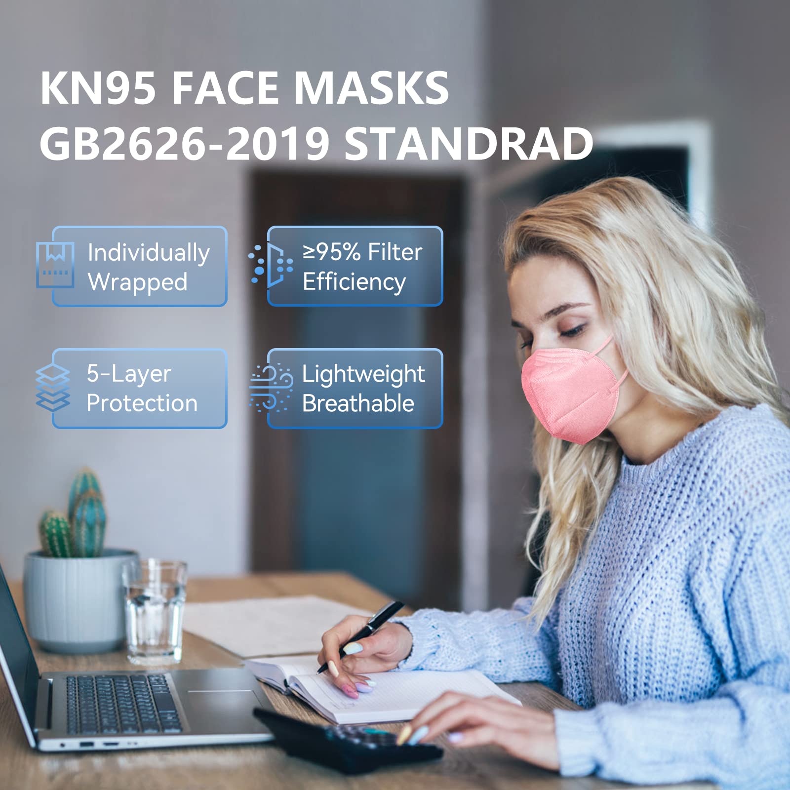 HALIDODO 60 Packs Individually Wrapped KN95 Face Mask 5-Ply Breathable & Comfortable Filter Safety Mask with Elastic Ear loop and Nose Bridge Clip, Protective Face Cover Mask, Multi Color