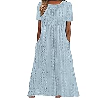 Women Hollow Eyelet Shirt Dress Summer Short Sleeve Crewneck A-Line Dress Casual Loose Beach Long Dress with Pockets