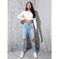Jeans for Women- Cut Out Ripped Frayed Skinny Jeans (Color : Light Wash, Size : 26)