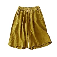 Summer Cotton Linen Shorts Womens Elastic High Waisted Beach Shorts Casual Loose Fit A Line Shorts with Pockets