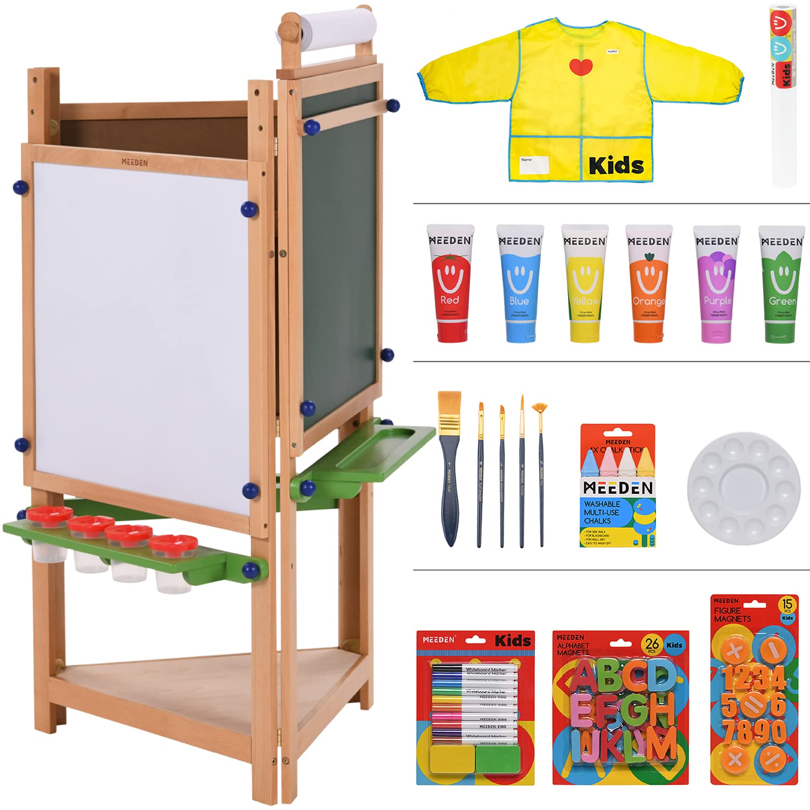MEEDEN Easel for Kids, 3-Sided Wooden Kids Easel with Chalkboard & Magnetic Whiteboard, Kids Easel with Paper Roll, Adjustable Large Art Easels, Toddler Standing Easel for Painting and Writing