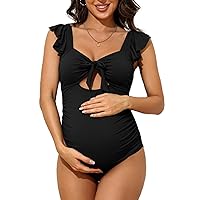 Charmo Ruffle Maternity Bathing Suits for Women Ribbed Tie Knot Maternity Swimsuit Cutout Ruched Pregnancy Swimwear