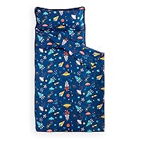 Wake In Cloud - Nap Mat with Removable Pillow for Kids Toddler Boys Girls Daycare Preschool Kindergarten Sleeping Bag, Space Rockets Planets Printed on Navy Blue, 100% Cotton with Microfiber Fill