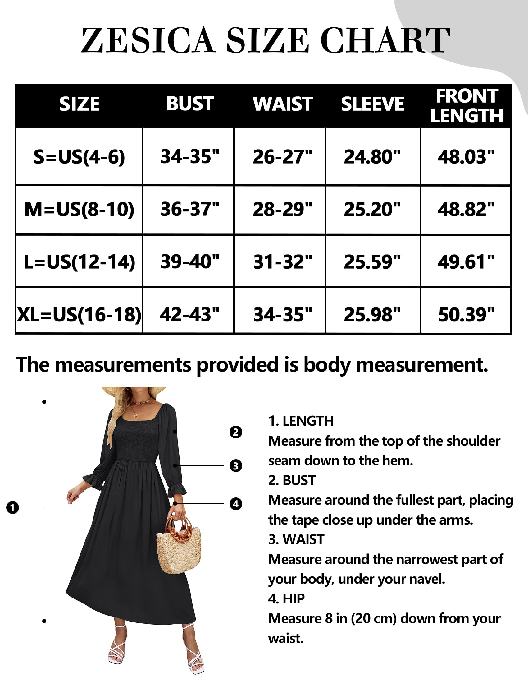 ZESICA Women's Casual Square Neck 3/4 Puff Sleeve Solid Color Smocked High Waist Flowy Midi Dress