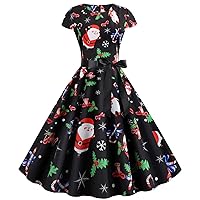 Womens Christmas Printed Dresses Short Sleeve Bow A-line Rockabilly Swing Prom Xmas Santa Party Cocktail Dresses (Color : A, Size : Large)