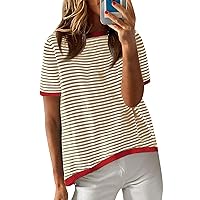 Tops for Women Striped 2024 Fashion T Shirts for Women Color Blocking Design Loose Basic Tee Women's Striped Tops