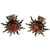 BALTIC AMBER AND STERLING SILVER 925 DESIGNER COGNAC SUN EARRINGS JEWELLERY JEWELRY