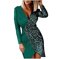 Women Sexy Sequin Dresses Long Sleeve Sparkly Glitter Ruched Bodycon Dress Party Night Out Club Dresses