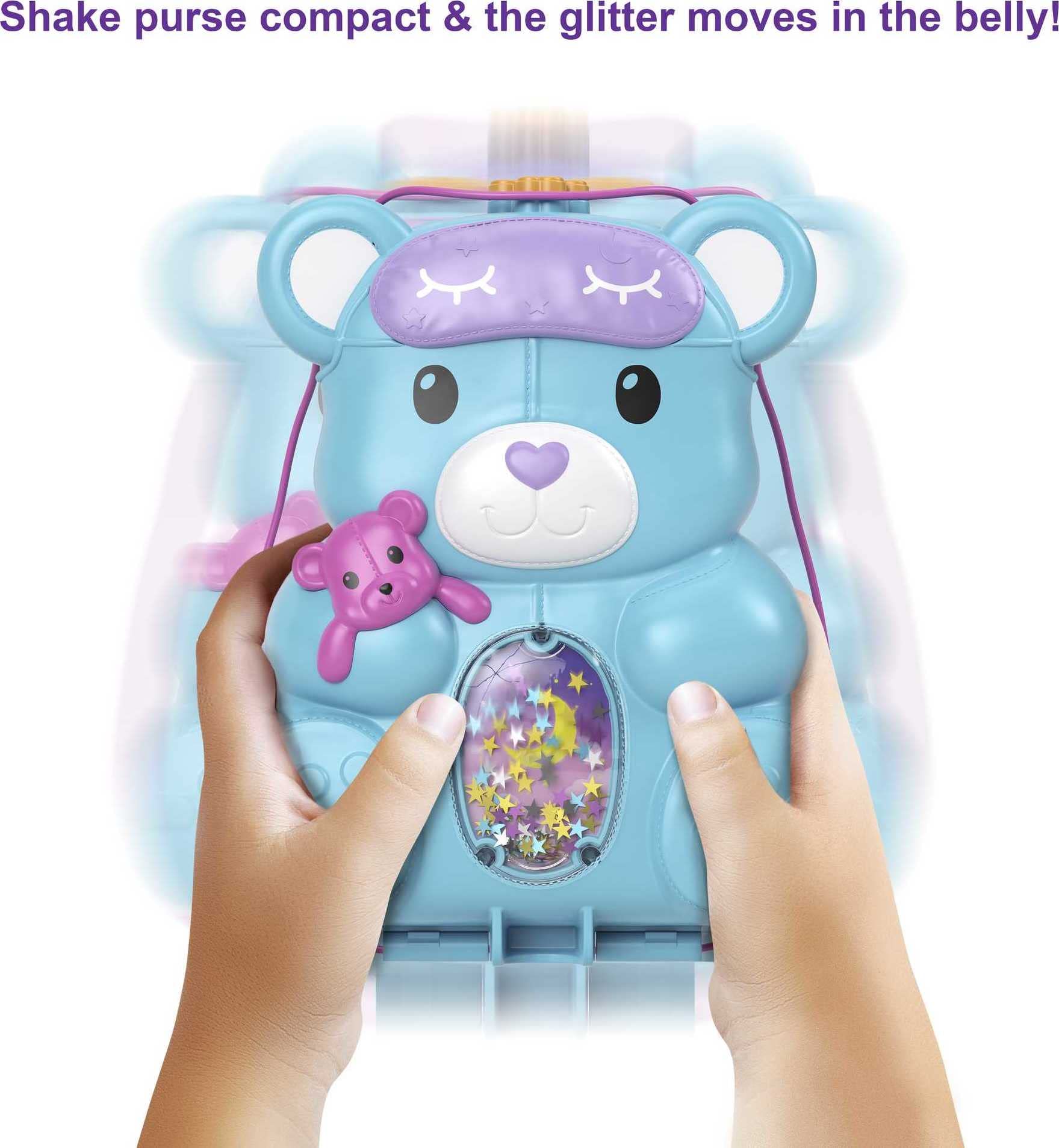 Polly Pocket 2-In-1 Travel Toy, 2 Micro Dolls and 16 Accessories, Teddy Bear Purse Playset with Sleepover Theme