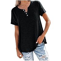 2023 Women Button V-Neck T-Shirts with Pocket Summer Fashion Short Sleeve Blouses Solid Casual Loose Fit Tunic Tops