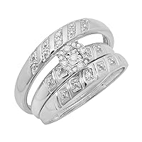 Dazzlingrock Collection Round White Diamond Halo Illusion Wedding Trio Ring Set For Men & Women (0.10 ctw, Color I-J, Clarity I2-I3) in 925 Sterling Silver