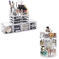 Makeup Organizer 4 Pieces Acrylic Stackable Cosmetic Display Cases with 12 Drawers, 360 Degree Rotating Perfume Organizer, Adjustable Makeup organizers and storage with 8 Layers, Clear